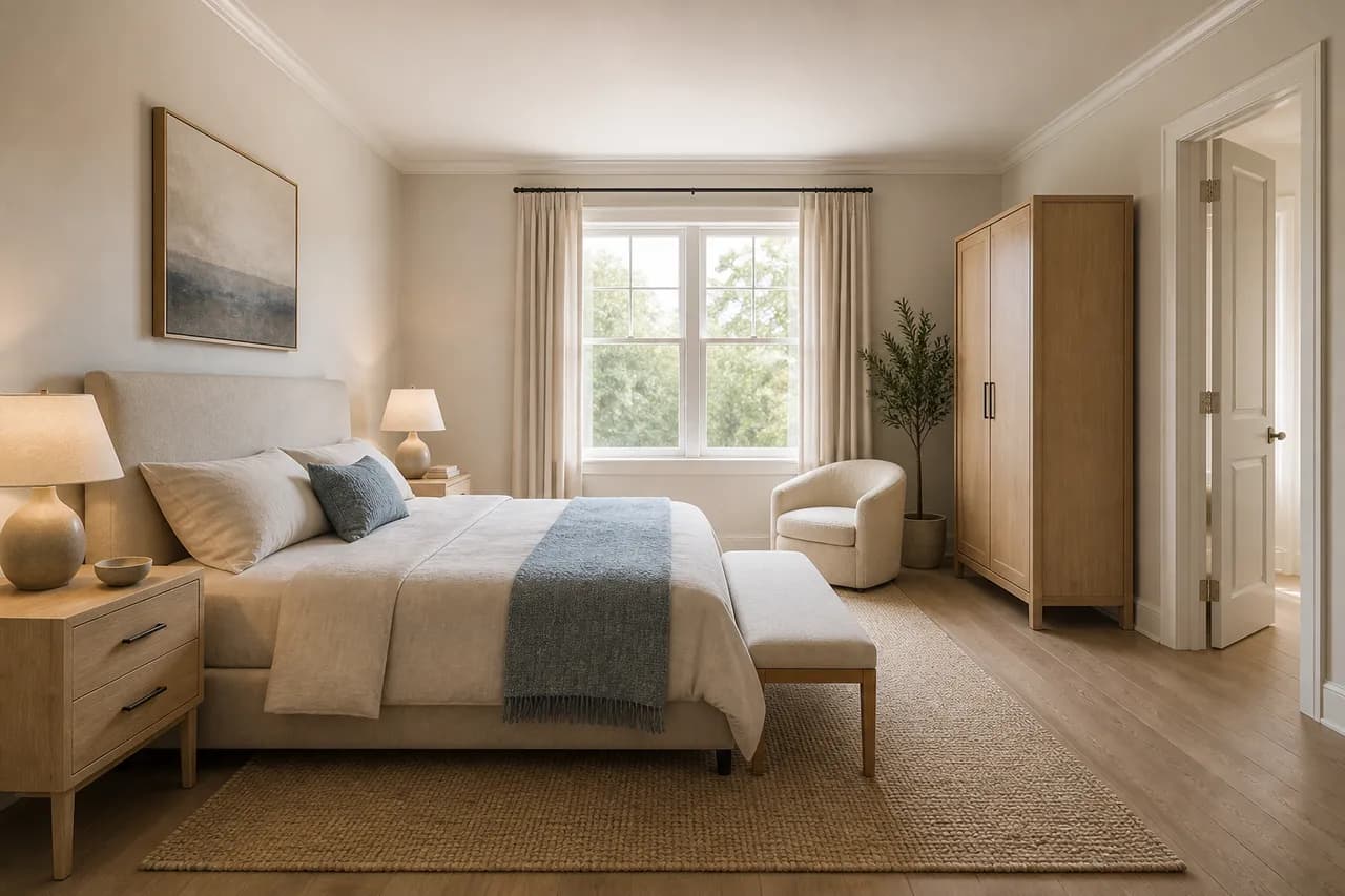 An orbitable 3D model of a bedroom, generated from a RoomsGPT render