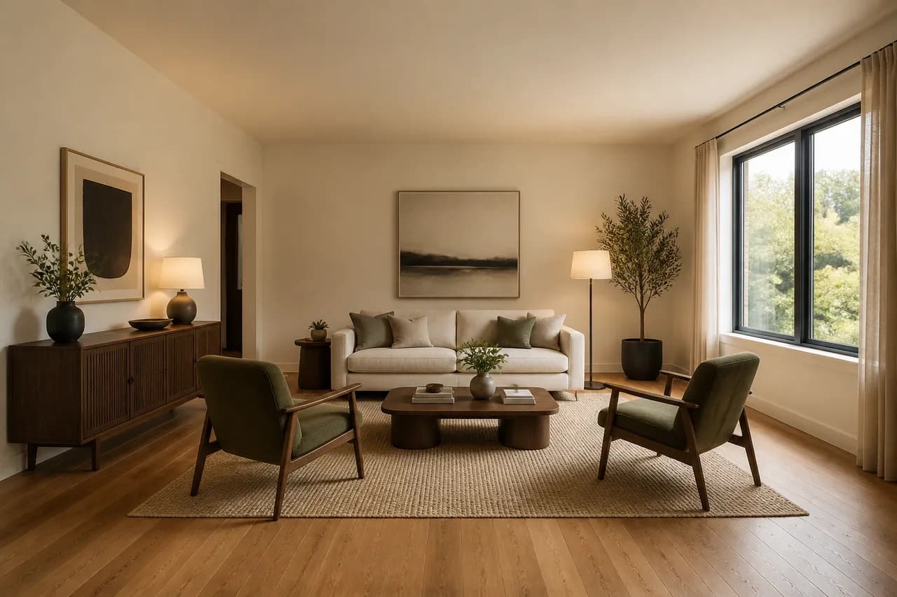 An orbitable 3D model of a living room, generated from a RoomsGPT render