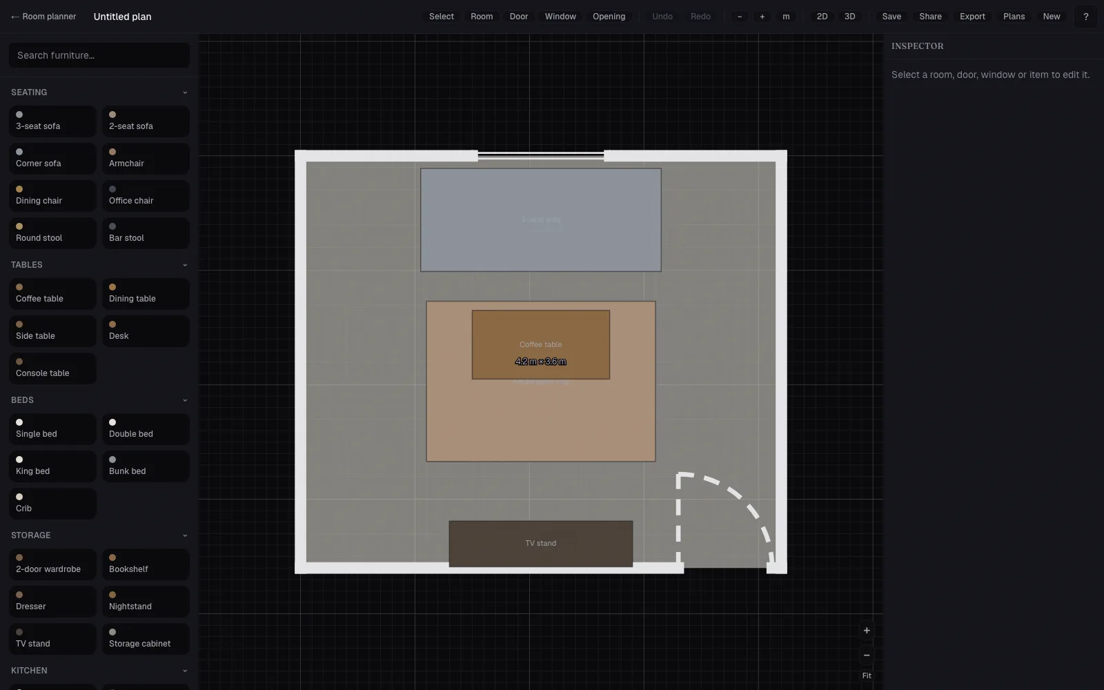 The RoomsGPT room planner's 2D floor plan editor with a living room layout, dimension labels and furniture footprints