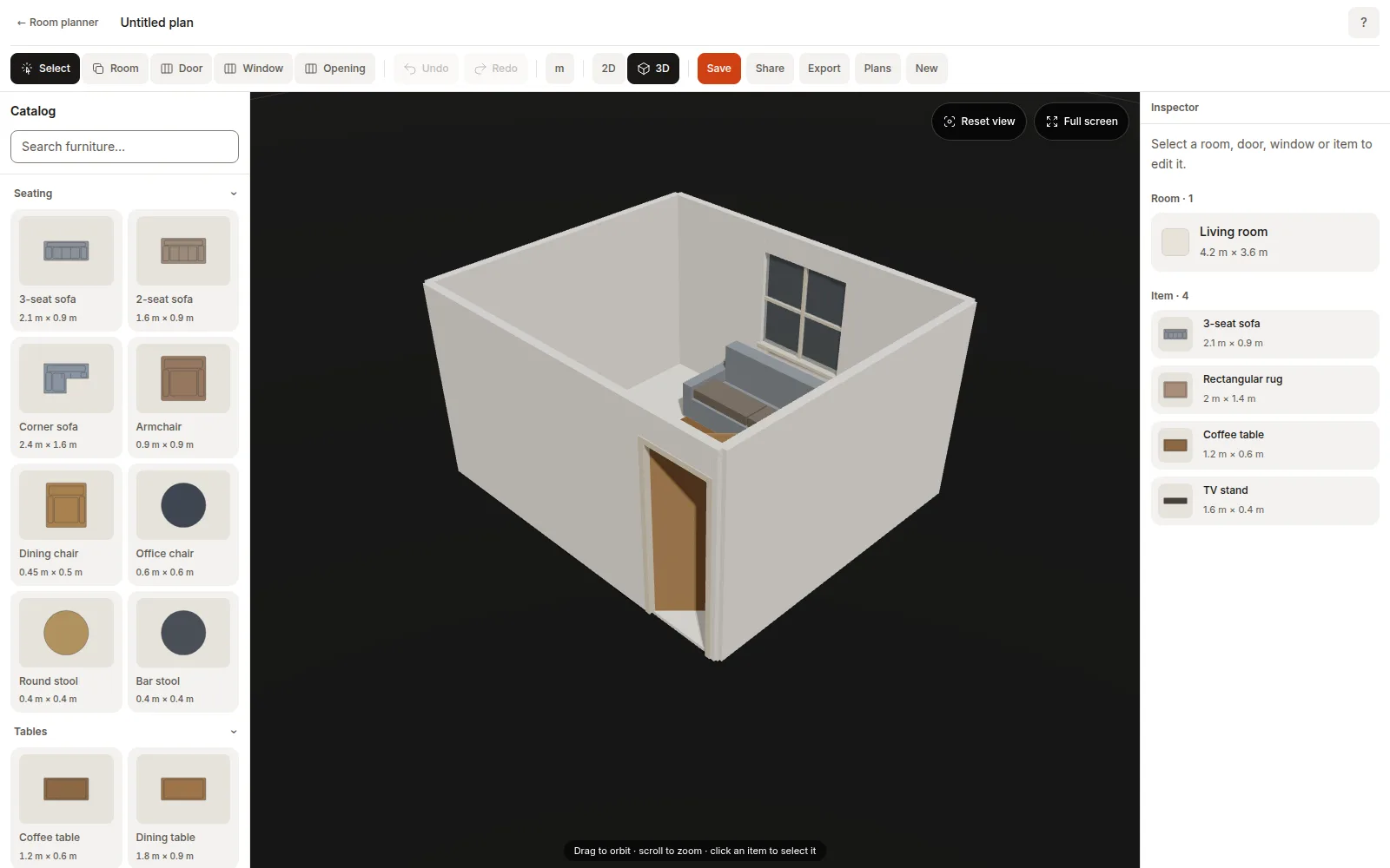 Тот же план в 3D-виде планировщика: стены, проёмы и мебель в виде простых 3D-блоков