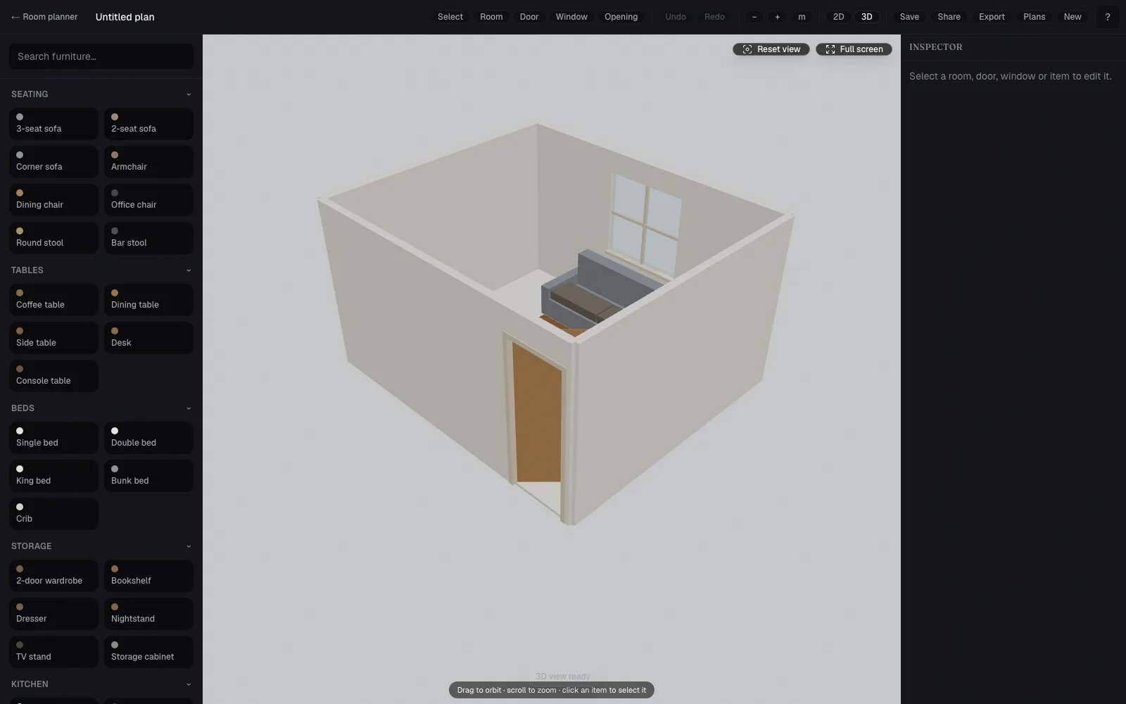 The same floor plan rendered in the room planner's 3D view with walls, openings and furniture as simple 3D blocks