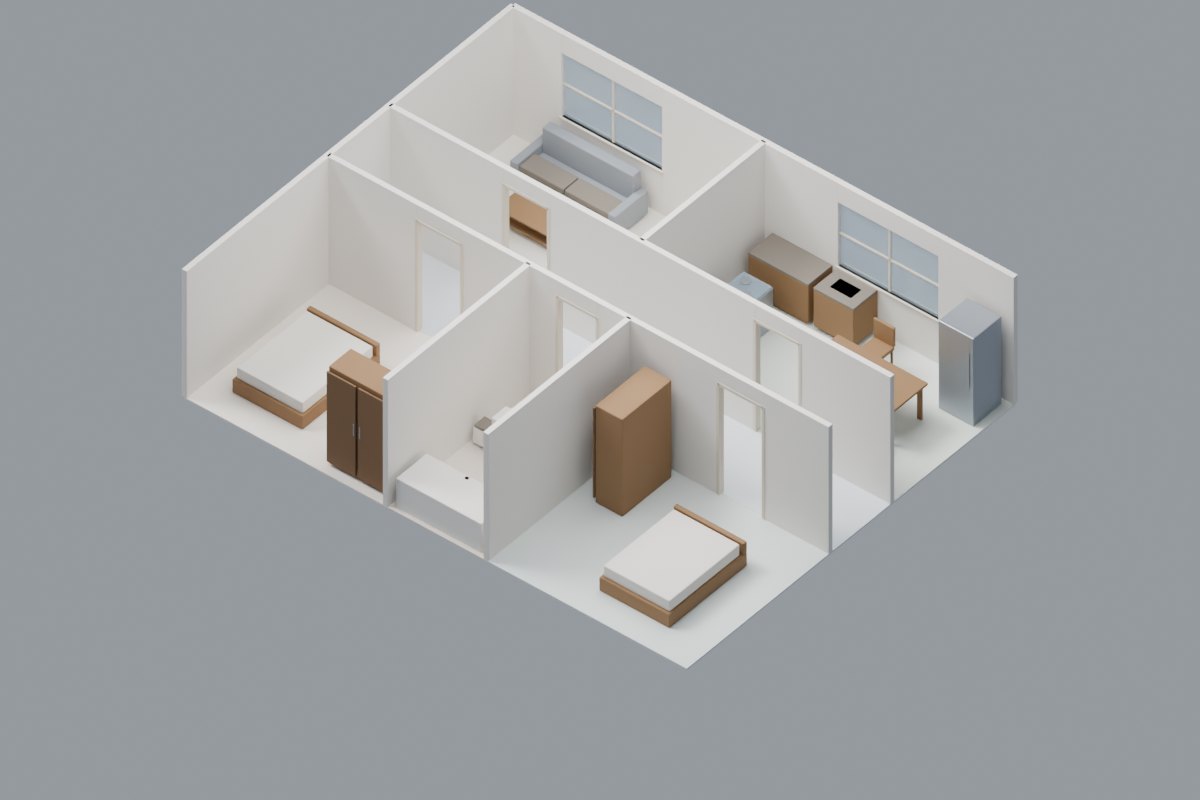 Cutaway model of a furnished six-room home created from a floor plan