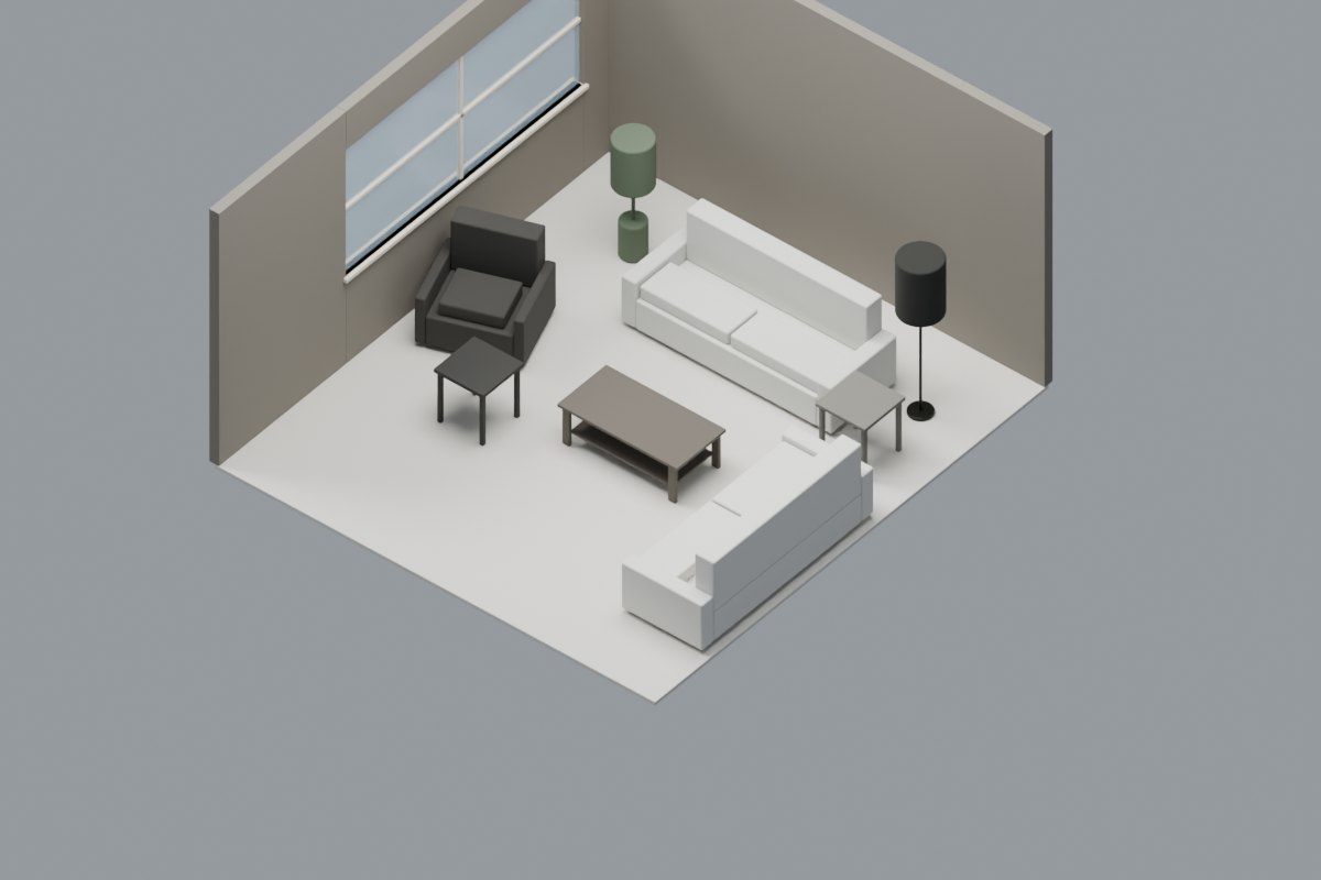 Interactive living-room model with a sofa, chairs and coffee table