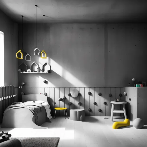 Brutalist Kids Room design - AI generated interior design visualization