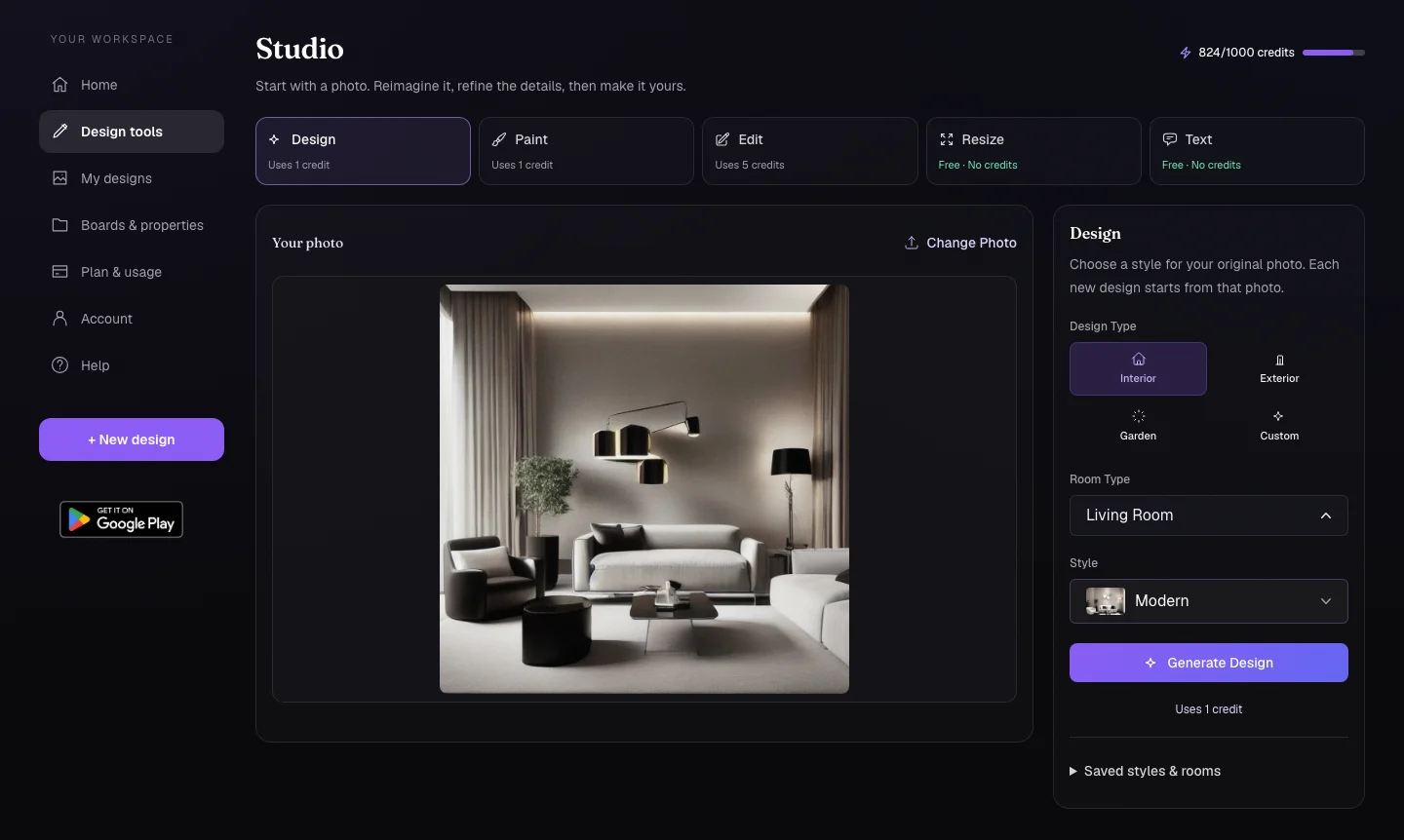 Creative Studio with design, paint, edit, resize, and text tools